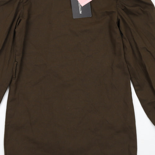 PRETTYLITTLETHING Womens Green Cotton A-Line Size 4 Round Neck Button