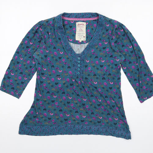 MANTARAY PRODUCTS Womens Blue Floral Cotton Basic T-Shirt Size 12 V-Neck
