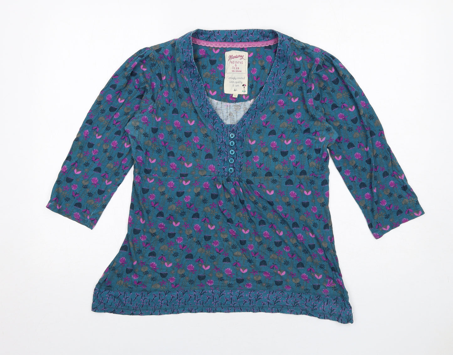 MANTARAY PRODUCTS Womens Blue Floral Cotton Basic T-Shirt Size 12 V-Neck