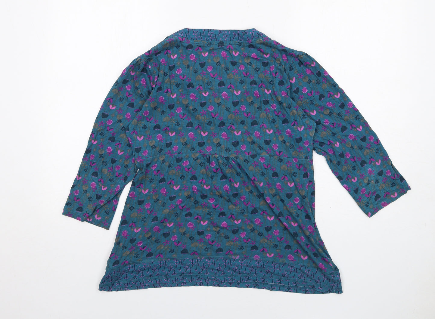 MANTARAY PRODUCTS Womens Blue Floral Cotton Basic T-Shirt Size 12 V-Neck
