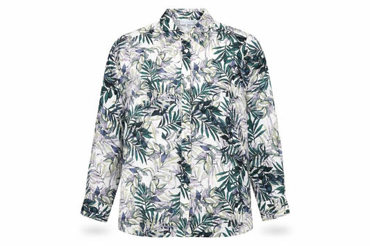 Front view of Cotswold Collections women’s multicoloured geometric polyester basic button-up, collared - leaf print