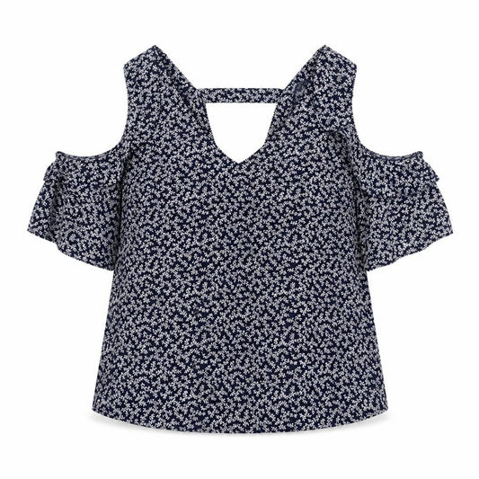 Front view of Next women’s blue geometric polyester basic blouse, size UK 12, v-neck - cold shoulder