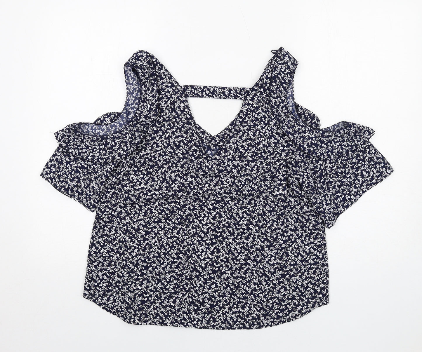 NEXT Womens Blue Geometric Polyester Basic Blouse Size 12 V-Neck - Cold Shoulder