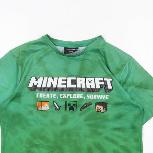 Minecraft Boys Green Geometric Polyester Basic T-Shirt Size 12-13 Years Round Neck Pullover - Minecraft
