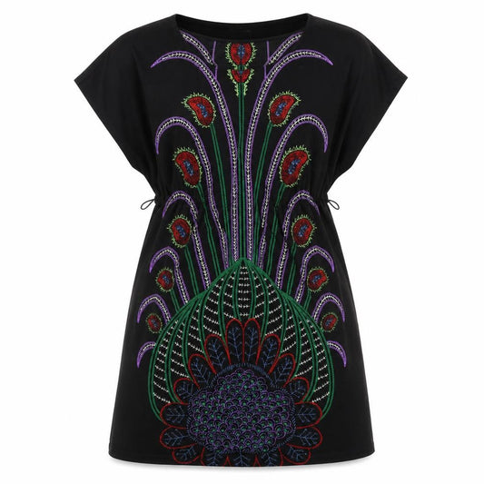 Front view of Avocado women’s black geometric polyester a-line, size UK 8, round neck pullover