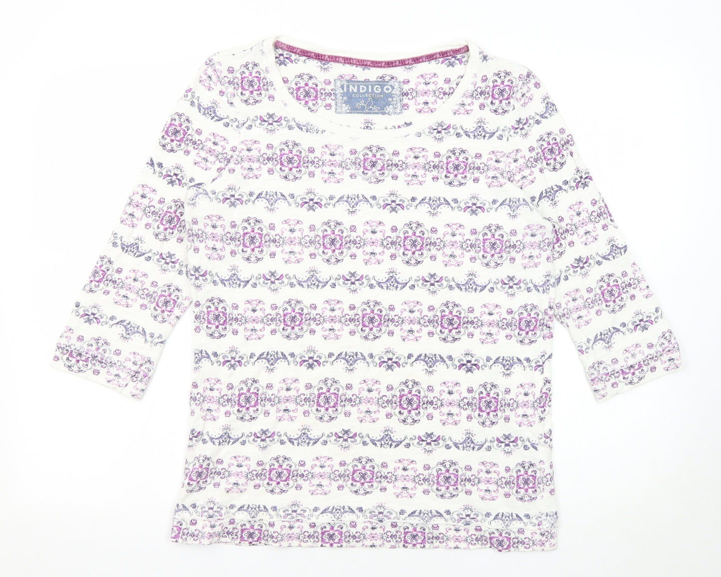 Marks and Spencer Womens White Geometric Cotton Basic T-Shirt Size 10 Round Neck