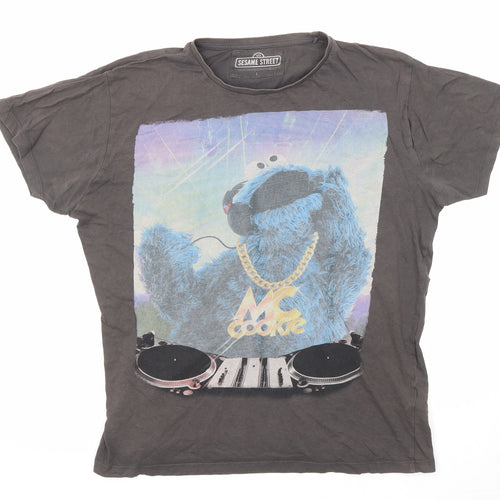 Sesame Street Womens Grey Cotton Basic T-Shirt Size L Round Neck - Cookie Monster