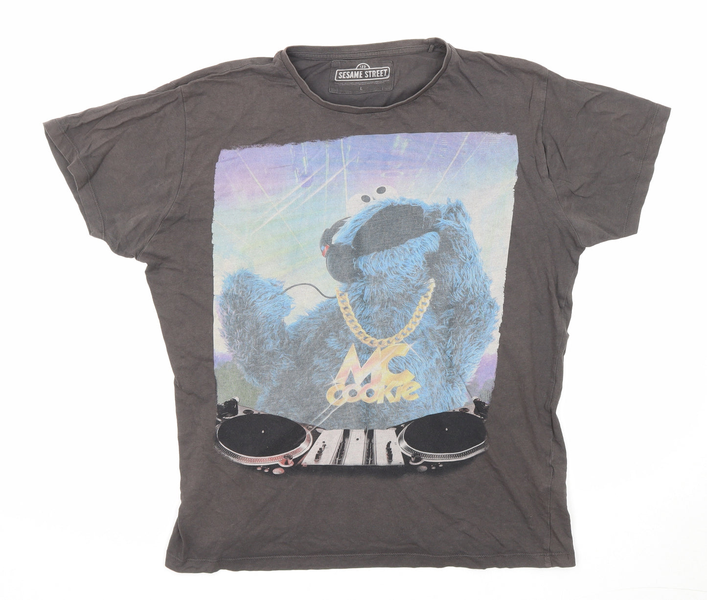 Sesame Street Womens Grey Cotton Basic T-Shirt Size L Round Neck - Cookie Monster