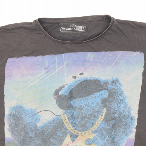 Sesame Street Womens Grey Cotton Basic T-Shirt Size L Round Neck - Cookie Monster