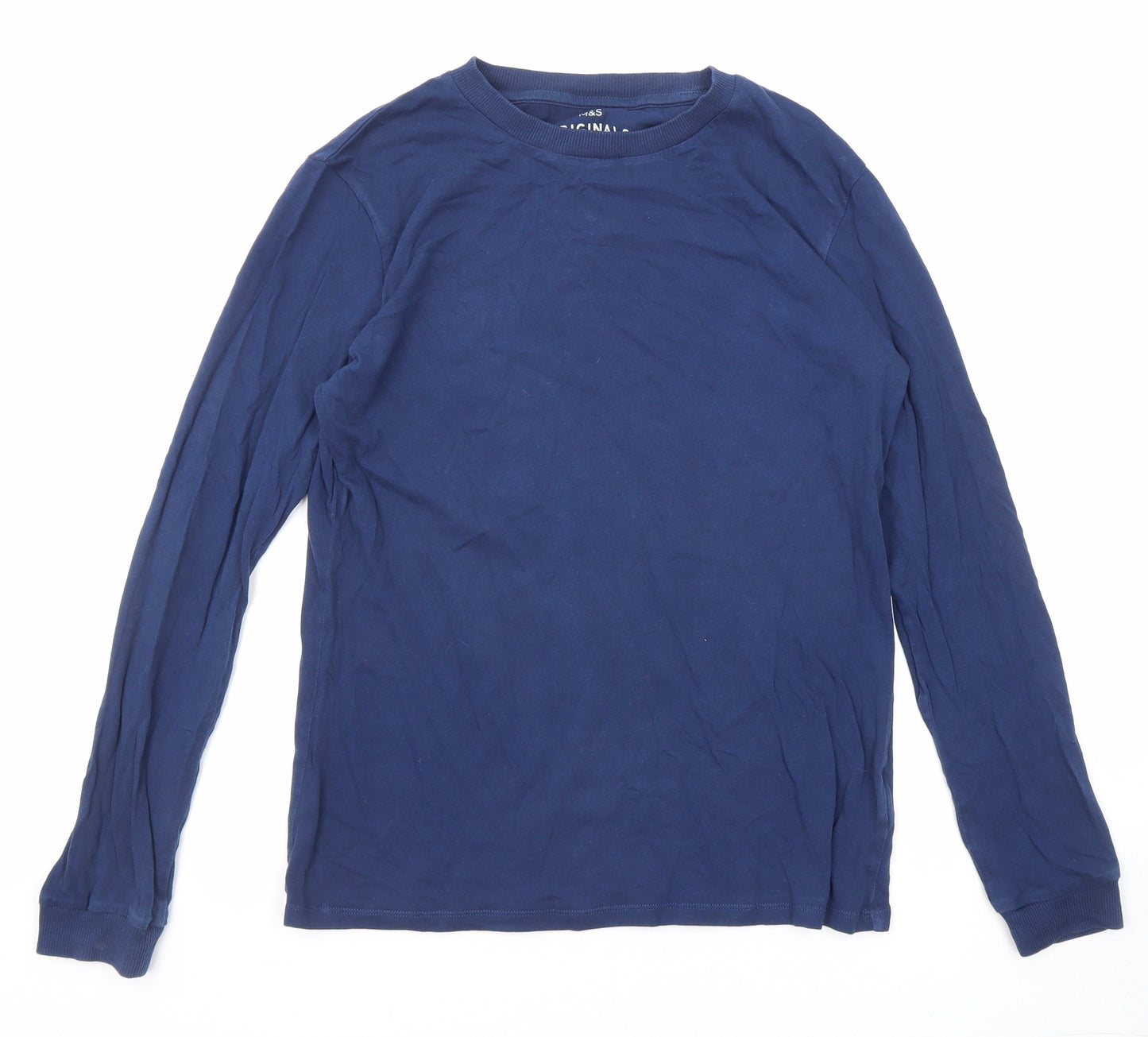 Marks and Spencer Boys Blue Cotton Basic T-Shirt Size 13-14 Years Round Neck Pullover