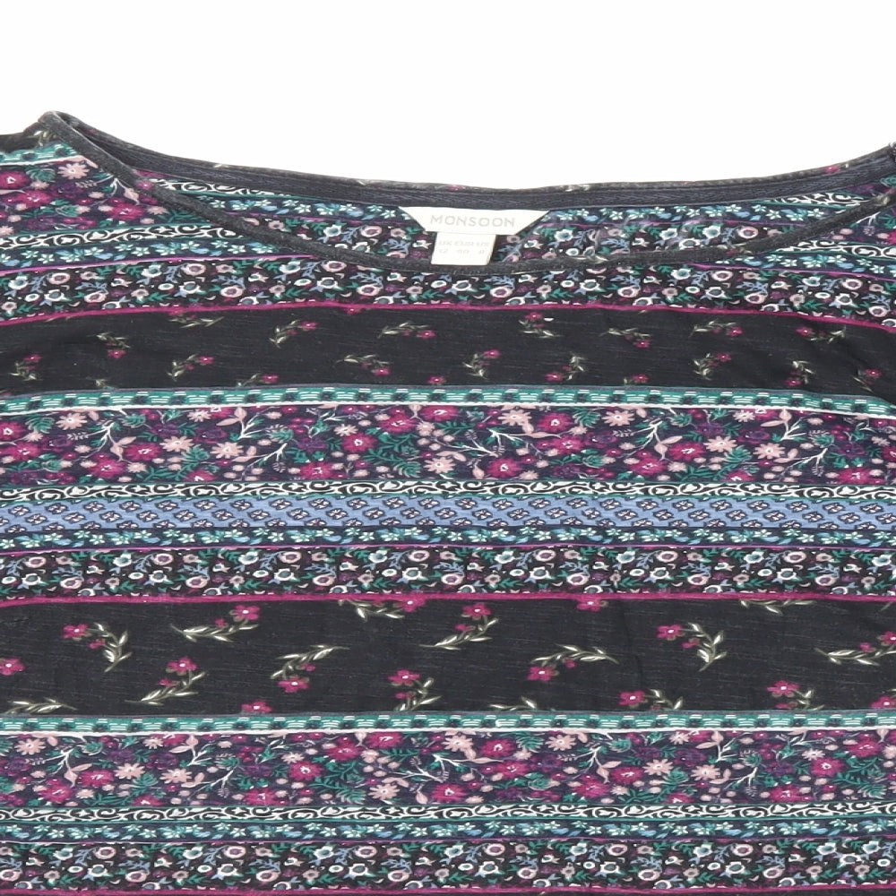 Monsoon Womens Multicoloured Geometric Cotton Basic T-Shirt Size 12 Boat Neck