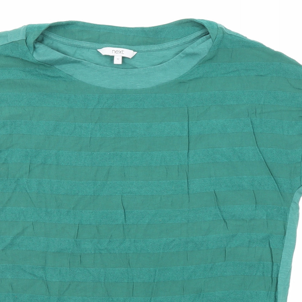 NEXT Womens Green Striped Cotton Basic T-Shirt Size 12 Round Neck