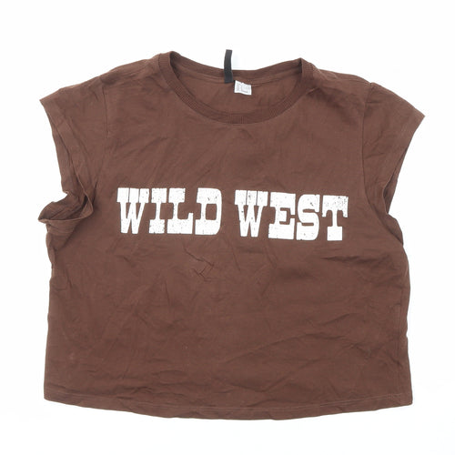 Divided by H&M Womens Brown Cotton Basic T-Shirt Size L Crew Neck - Wild West