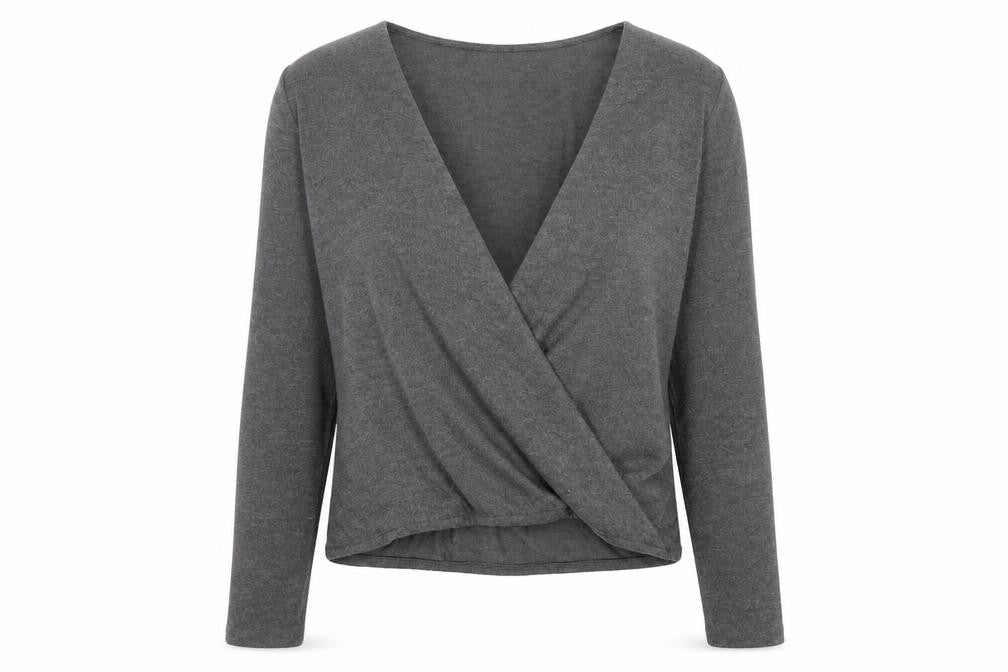 Front view of Noisy May women’s grey v-neck polyester jumper, size S, pullover - wrap front detail
