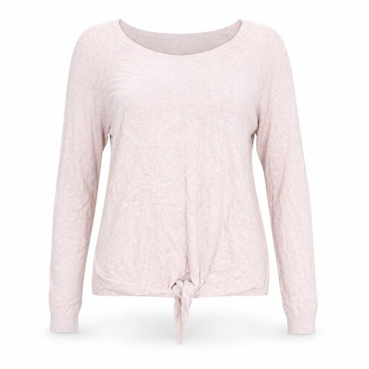 Front view of Next women’s pink round neck viscose jumper, size UK 12, - knot front
