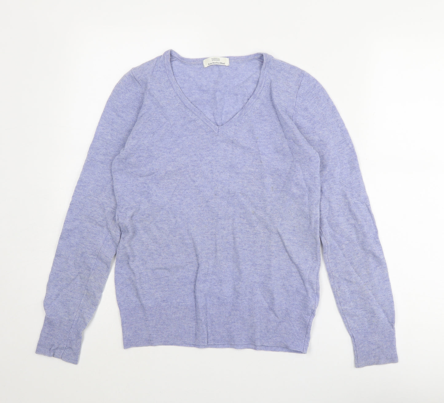 Marks and Spencer Womens Blue V-Neck Wool Pullover Jumper Size 8