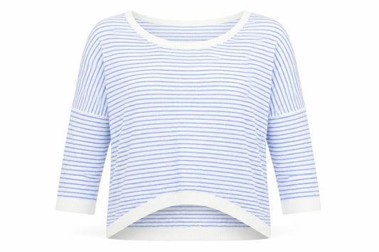 Front view of H&M women’s blue round neck striped cotton jumper, size L