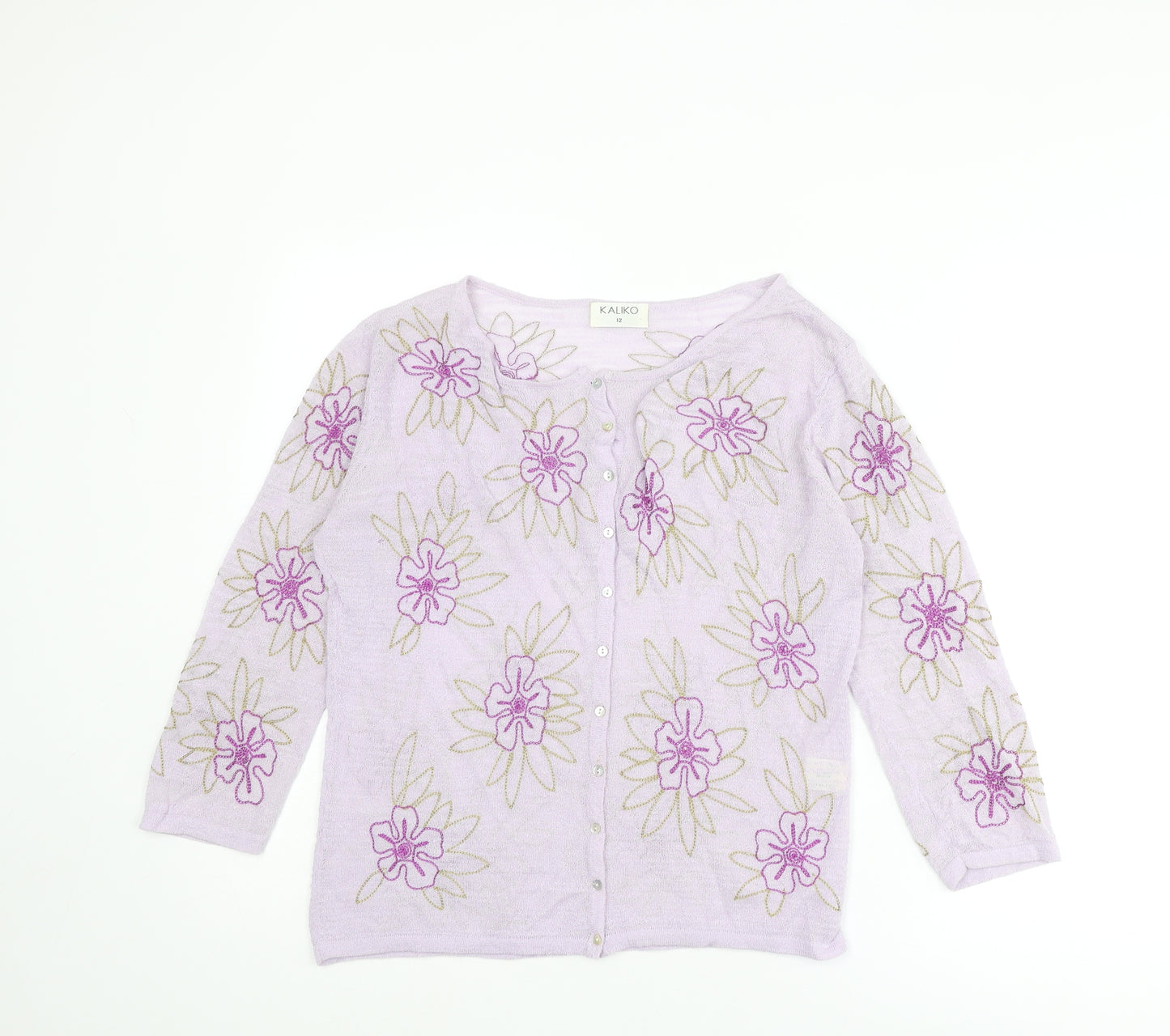 Kaliko Womens Purple Round Neck Floral Viscose Cardigan Jumper Size 12