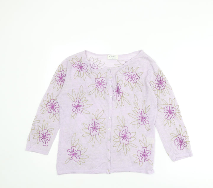 Kaliko Womens Purple Round Neck Floral Viscose Cardigan Jumper Size 12