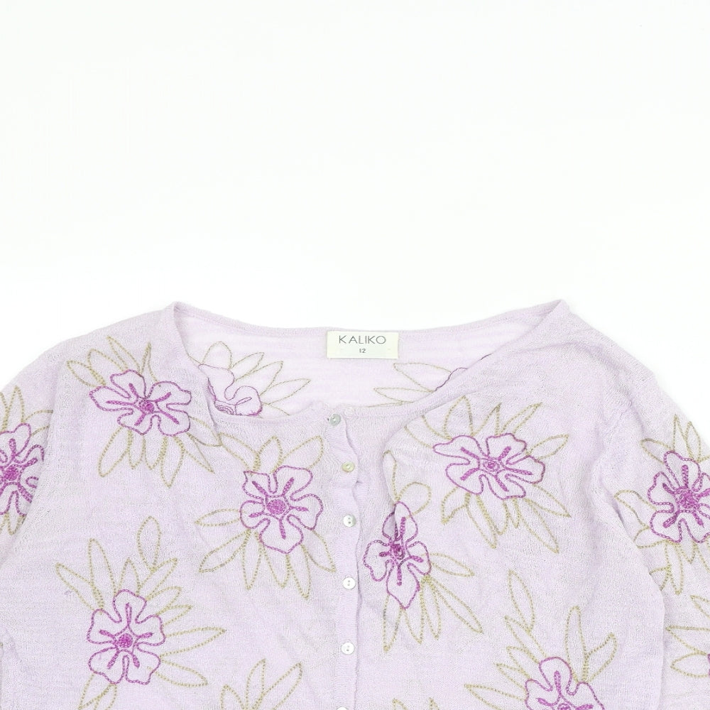 Kaliko Womens Purple Round Neck Floral Viscose Cardigan Jumper Size 12