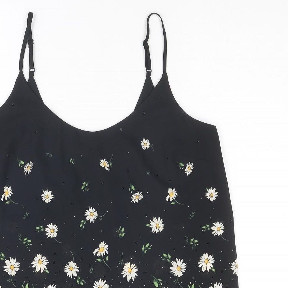 Dorothy Perkins Womens Black Floral Polyester Basic Tank Size 12 Round Neck