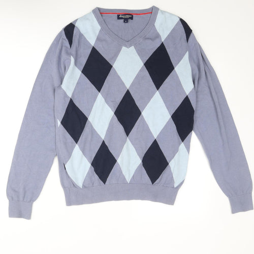 Bowen & Wright Mens Blue V-Neck Argyle/Diamond Cotton Pullover Jumper Size M Long Sleeve