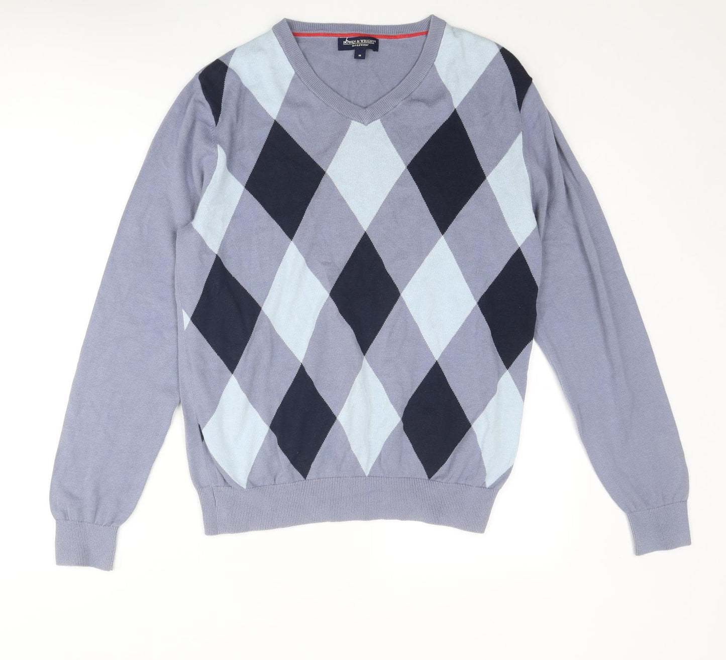 Bowen & Wright Mens Blue V-Neck Argyle/Diamond Cotton Pullover Jumper Size M Long Sleeve