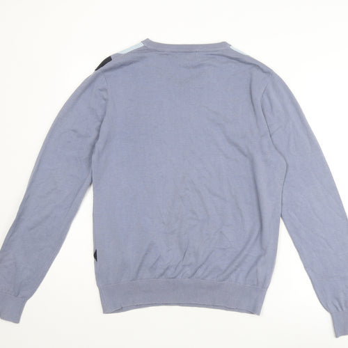Bowen & Wright Mens Blue V-Neck Argyle/Diamond Cotton Pullover Jumper Size M Long Sleeve