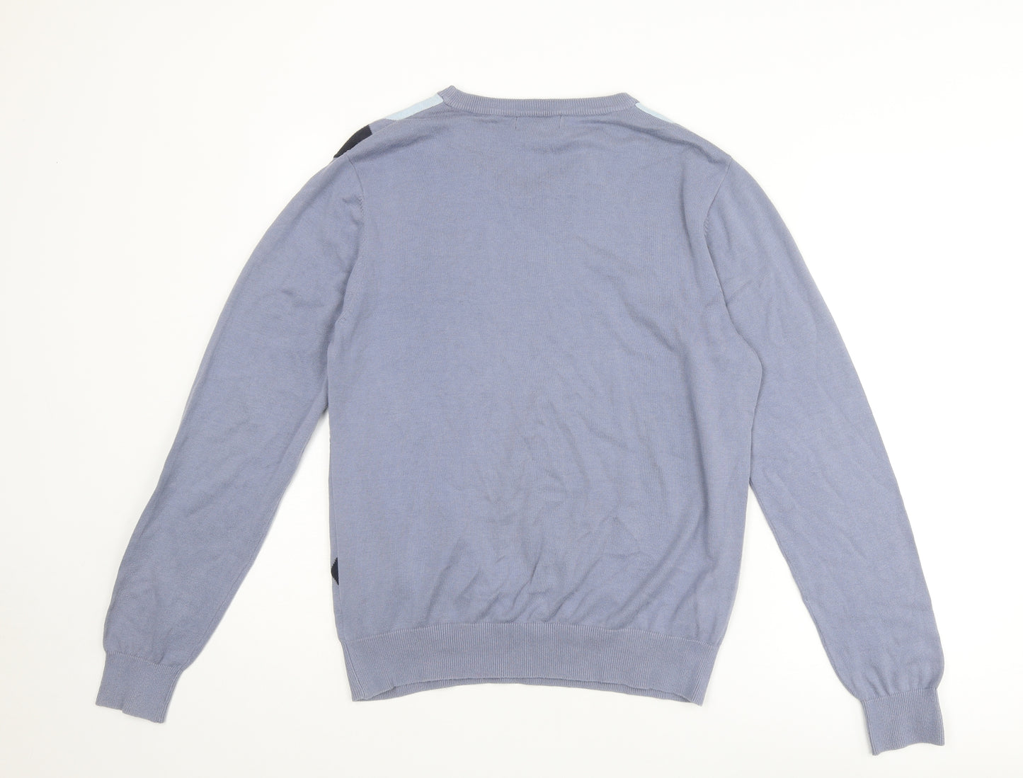 Bowen & Wright Mens Blue V-Neck Argyle/Diamond Cotton Pullover Jumper Size M Long Sleeve