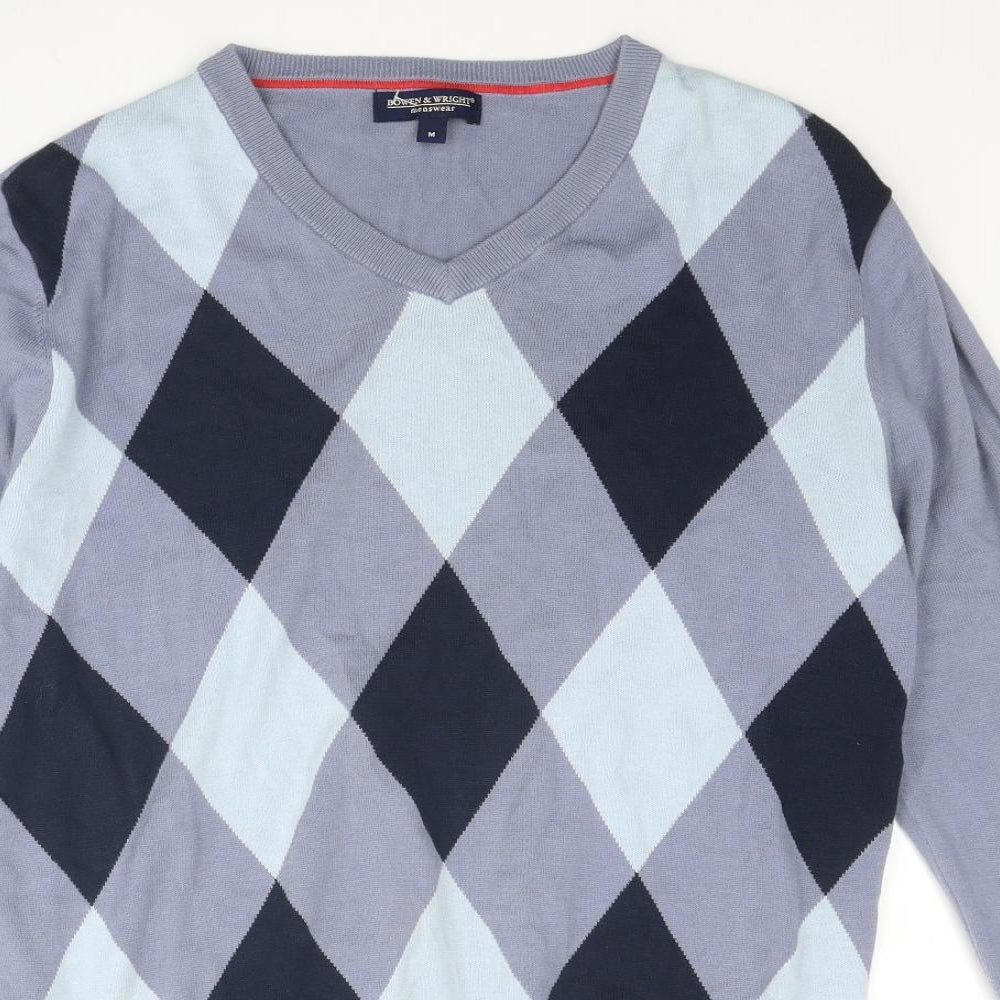 Bowen & Wright Mens Blue V-Neck Argyle/Diamond Cotton Pullover Jumper Size M Long Sleeve