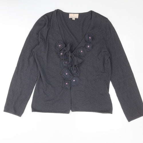 Fenn Wright Manson Womens Grey V-Neck Cotton Cardigan Jumper Size 12 - Flower Detail
