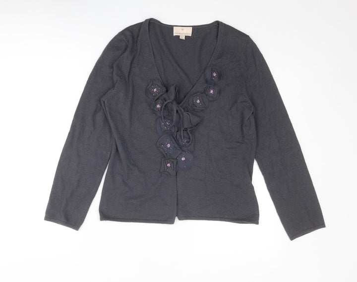 Fenn Wright Manson Womens Grey V-Neck Cotton Cardigan Jumper Size 12 - Flower Detail