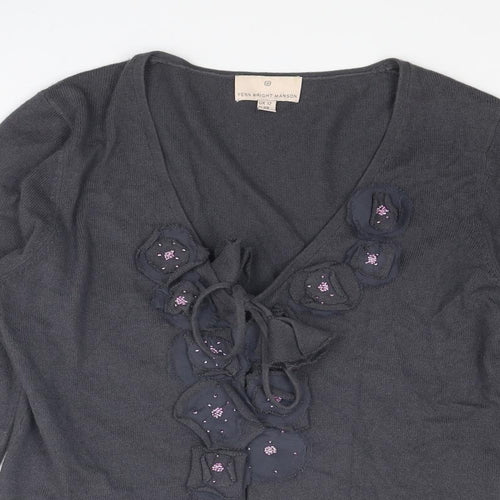 Fenn Wright Manson Womens Grey V-Neck Cotton Cardigan Jumper Size 12 - Flower Detail