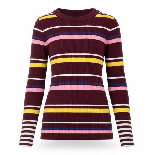 Front view of New Look women’s multicoloured round neck striped cotton jumper, size UK 12