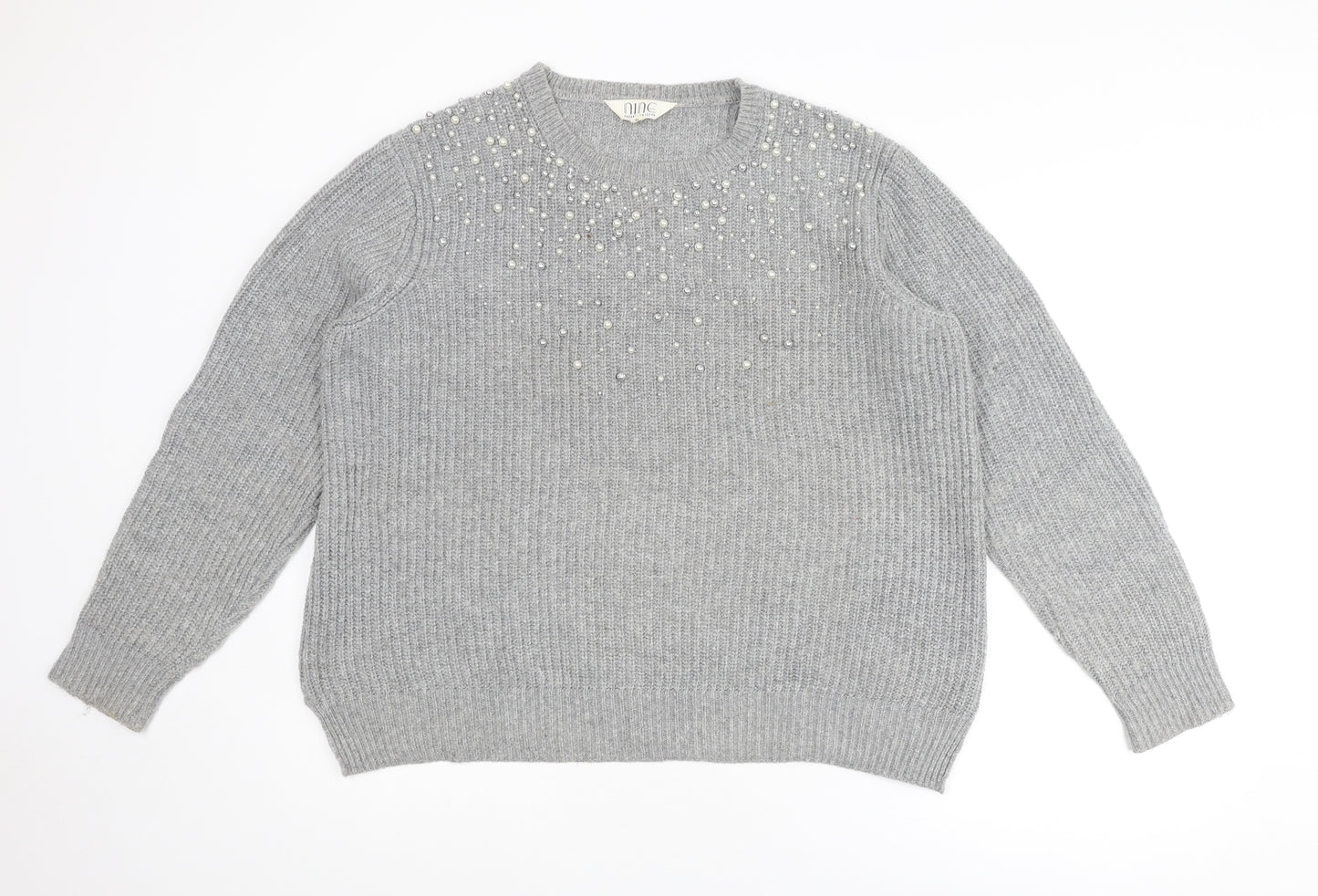 Nine by Savannah Miller Womens Grey Round Neck Nylon Pullover Jumper Size 18