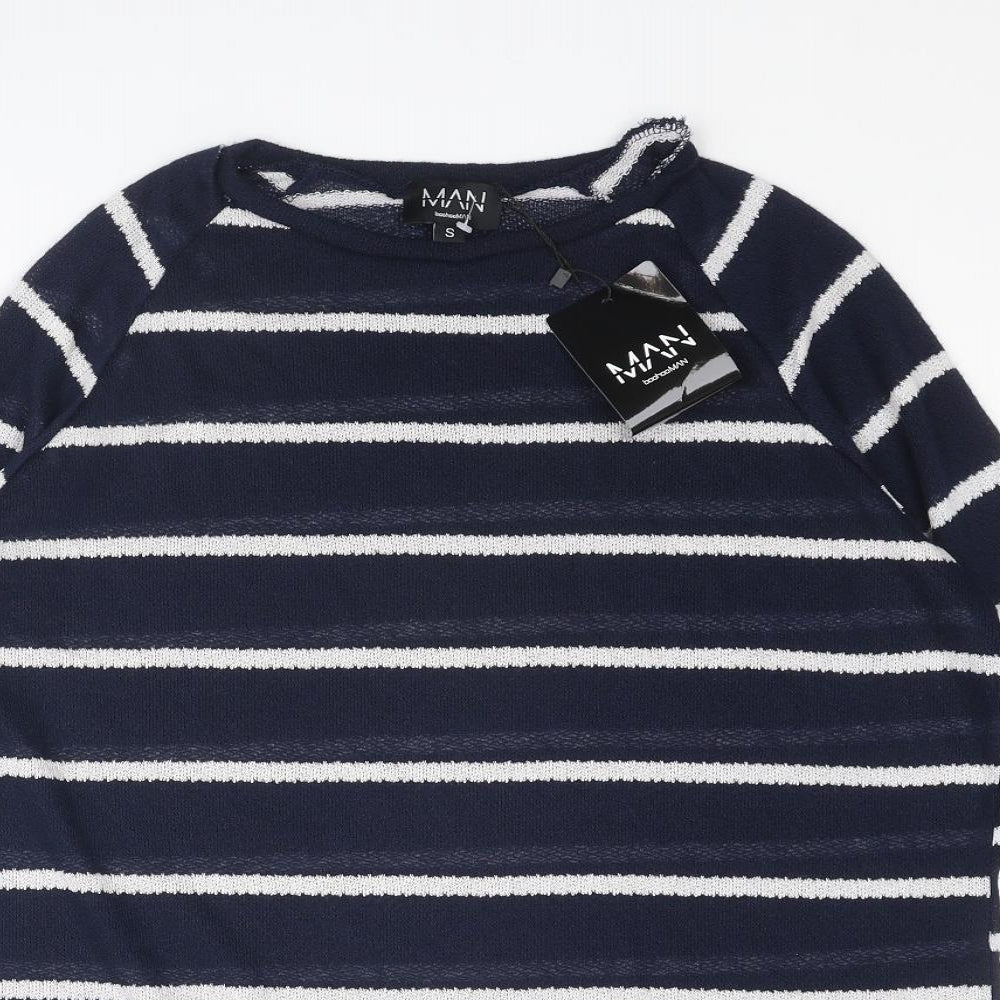 Boohoo Mens Blue Round Neck Striped Polyester Pullover Jumper Size S Long Sleeve