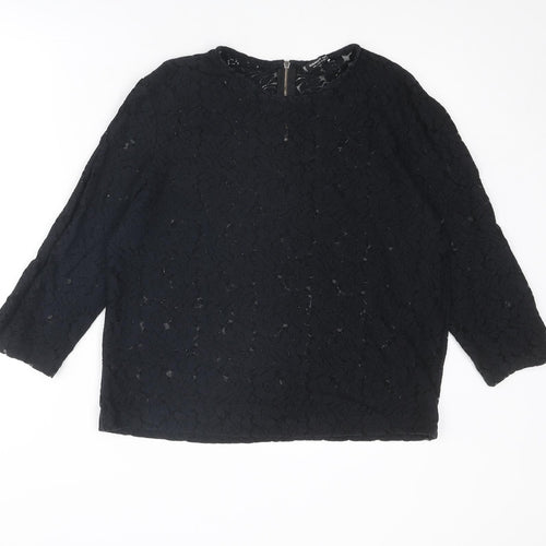 Mango Womens Black Floral Polyester Basic Blouse Size L Round Neck