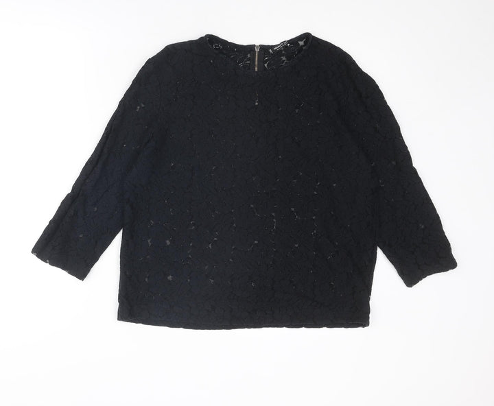 Mango Womens Black Floral Polyester Basic Blouse Size L Round Neck