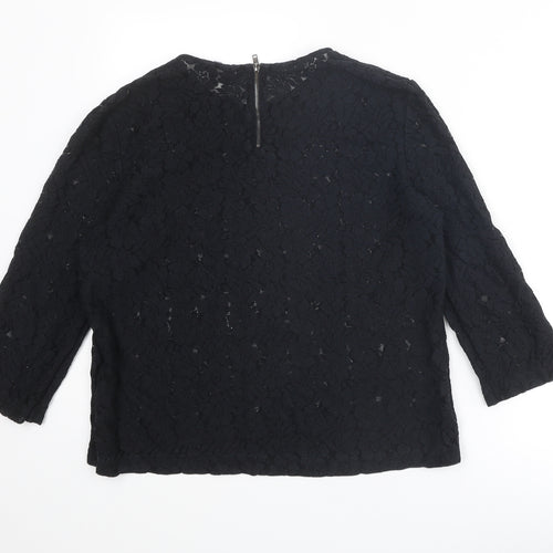 Mango Womens Black Floral Polyester Basic Blouse Size L Round Neck