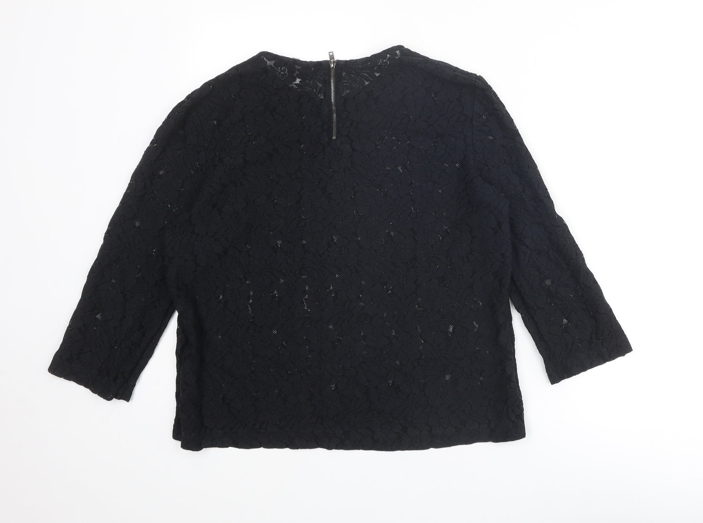 Mango Womens Black Floral Polyester Basic Blouse Size L Round Neck