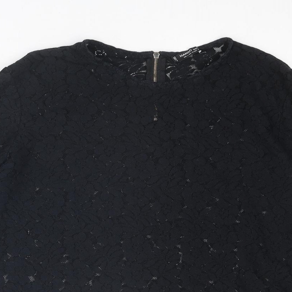 Mango Womens Black Floral Polyester Basic Blouse Size L Round Neck