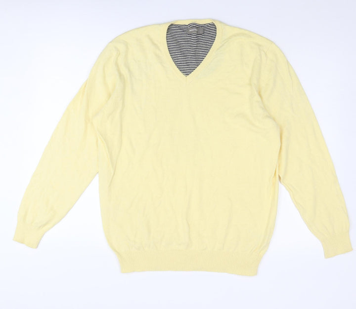 Samuel Windsor Mens Yellow V-Neck Cotton Pullover Jumper Size L Long Sleeve
