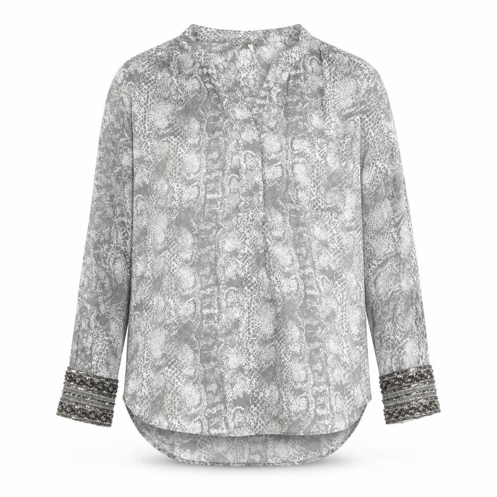 Front view of Next women’s grey animal print viscose basic blouse, size UK 10, v-neck - snakeskin pattern