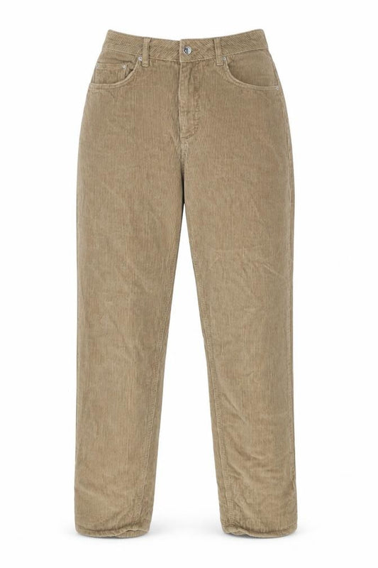 Front view of ASOS women’s brown cotton trousers, size UK 28, in, 30-inch leg regular zip