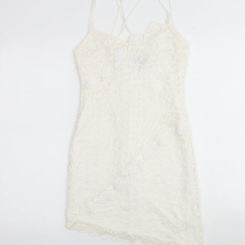 Topshop Womens Ivory Geometric Polyester Slip Dress Size 8 V-Neck Zip