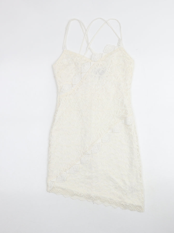 Topshop Womens Ivory Geometric Polyester Slip Dress Size 8 V-Neck Zip