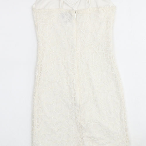 Topshop Womens Ivory Geometric Polyester Slip Dress Size 8 V-Neck Zip