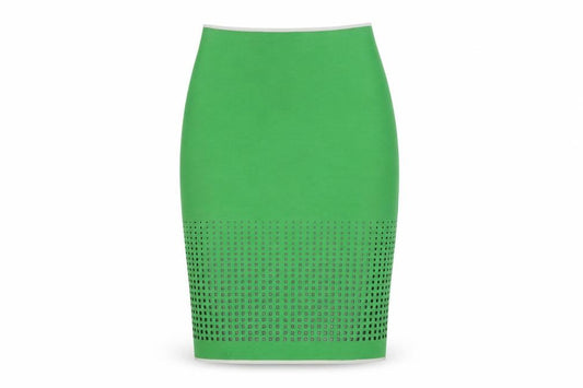Front view of Clover Canyon women’s green polyester bandage skirt, size XS, - cut out detail