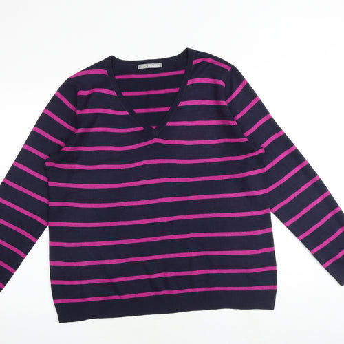 Marks and Spencer Womens Multicoloured V-Neck Striped Acrylic Pullover Jumper Size 16