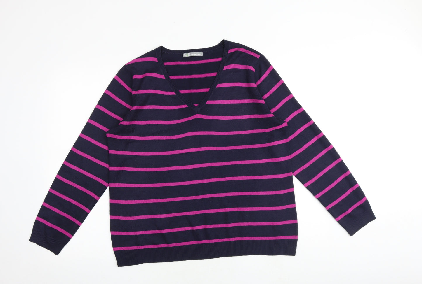 Marks and Spencer Womens Multicoloured V-Neck Striped Acrylic Pullover Jumper Size 16